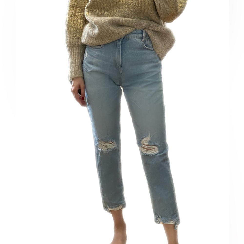 Zara Ripped High Rise Mom Fit Ankle Light Blue Jeans